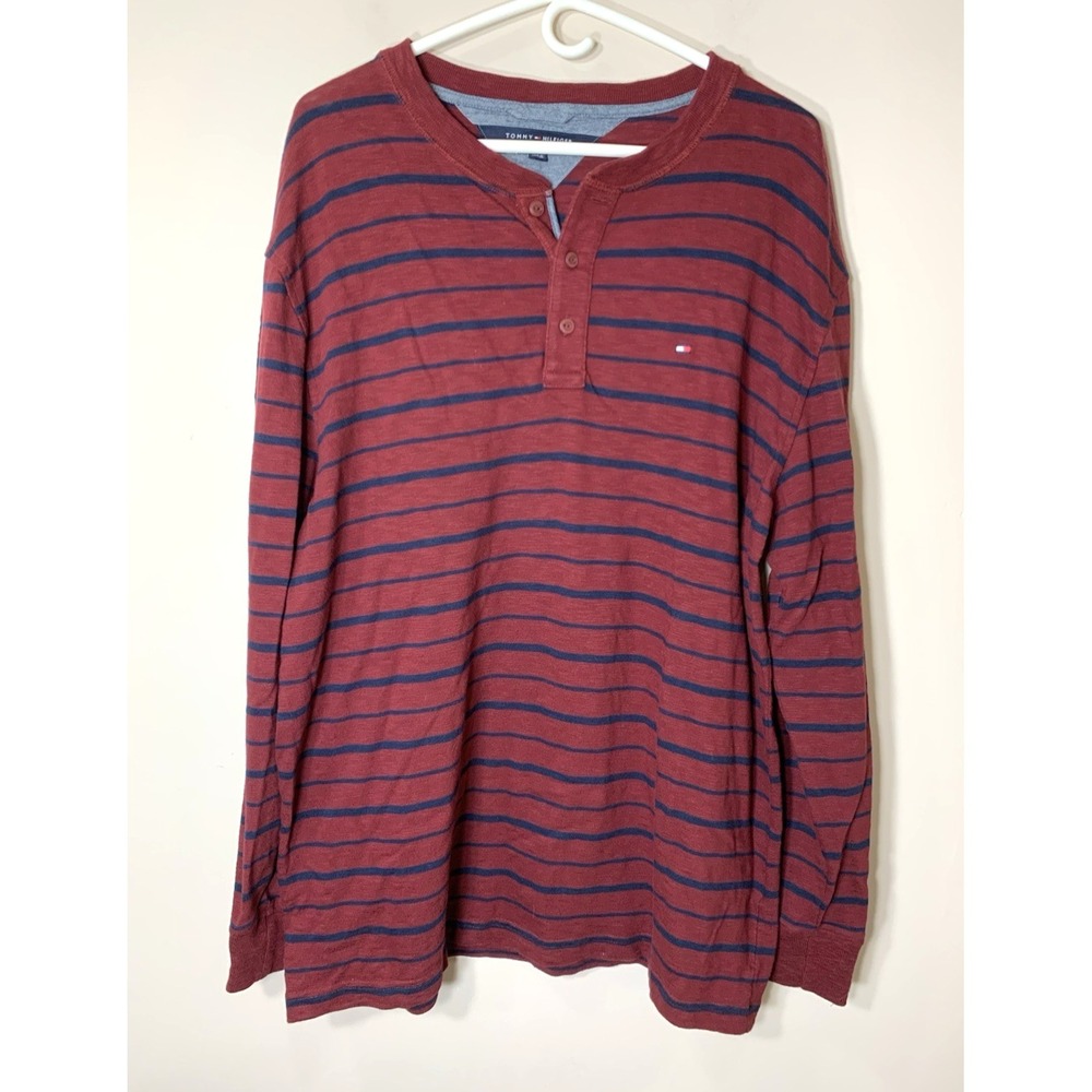 Tommy Hilfiger Henley Shirt Mens XL Burgundy Stripe 100% Cotton Long‎ Sleeve